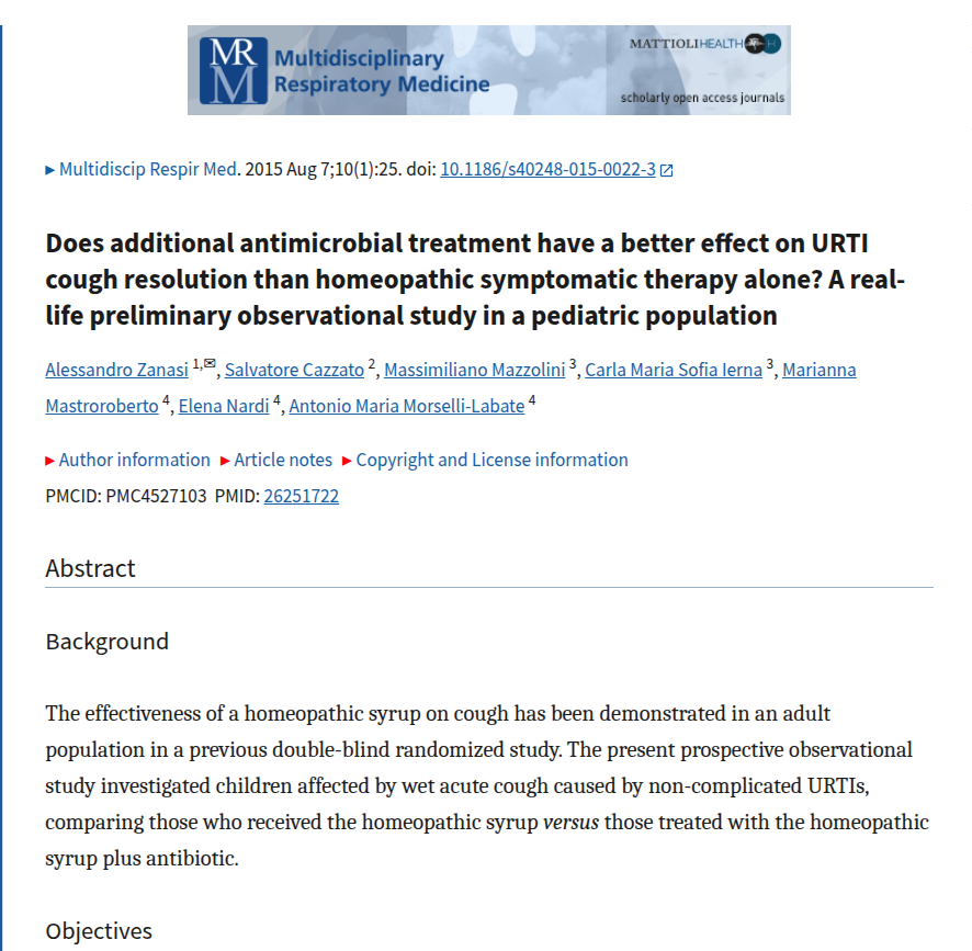 Screenshot of title and abstract of "Does additional antimicrobial treatment have a better effect on URTI cough resolution than homeopathic symptomatic therapy alone? A real-life preliminary observational study in a pediatric population"